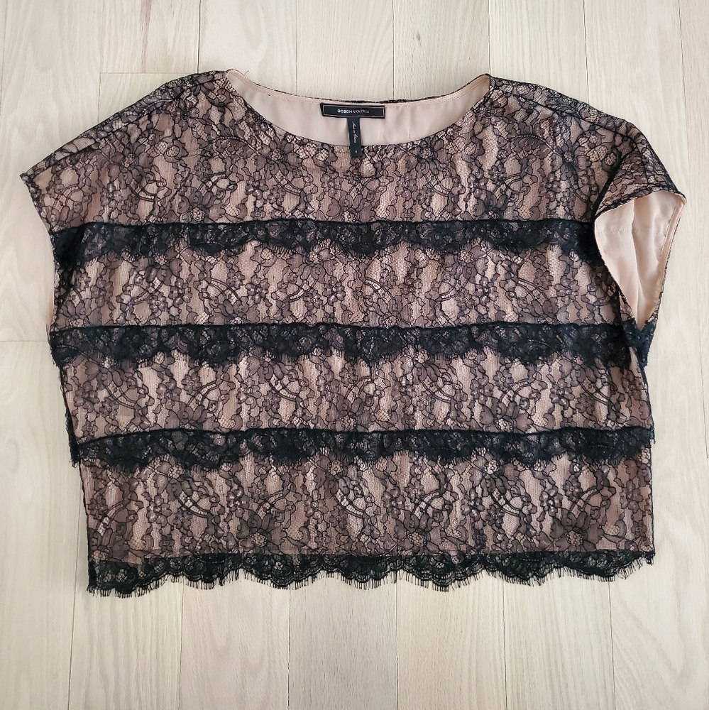 BCBG Black Lace Short Sleeve Crop Top - Small